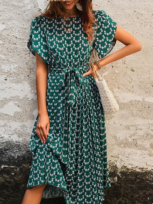 Midi Dresses- A-Line Belted Midi Dress In Green Print with Short Sleeves- - Pekosa Women Clothing