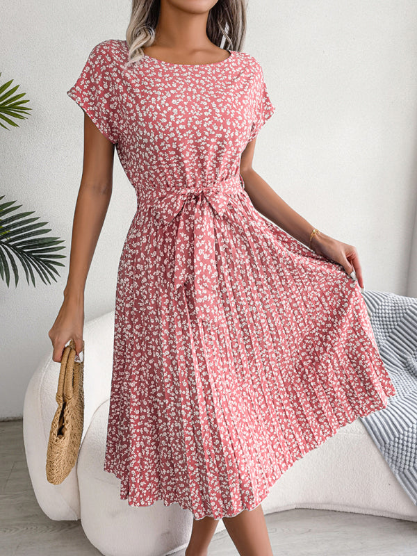 Midi Dresses- A-Line Floral Print Crewneck Midi Dress with Tie-Belt- - Pekosa Women Clothing