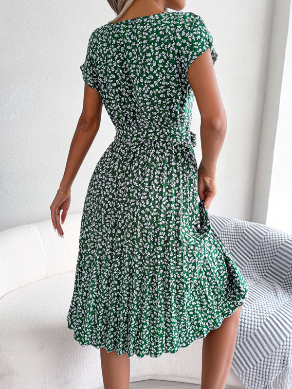 Midi Dresses- A-Line Floral Print Crewneck Midi Dress with Tie-Belt- - Pekosa Women Clothing