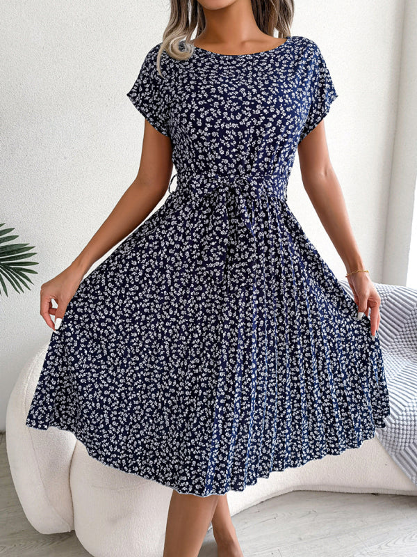 Midi Dresses- A-Line Floral Print Crewneck Midi Dress with Tie-Belt- Purplish blue navy- Pekosa Women Clothing