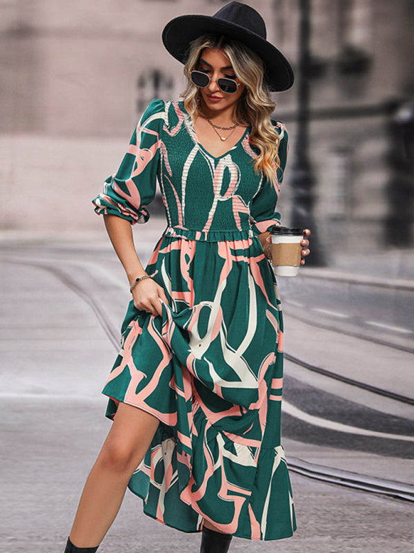 Midi Dresses- Abstract Print Smocked Ruffle Long Sleeve Midi Dress- - Pekosa Women Clothing
