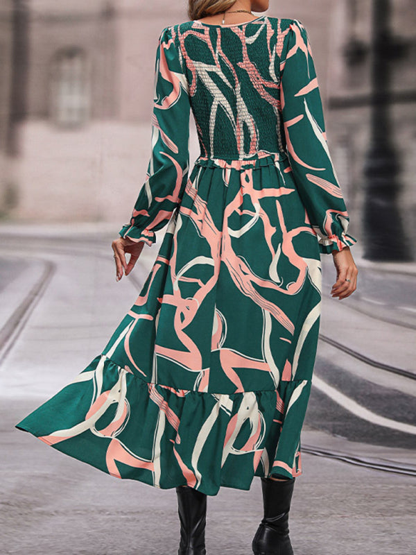 Midi Dresses- Abstract Print Smocked Ruffle Long Sleeve Midi Dress- - Pekosa Women Clothing