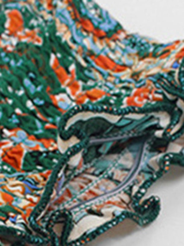 Midi Dresses- Boho Off-Shoulder Floral Slit Midi Dress with Smocked Bodice- - Pekosa Women Fashion