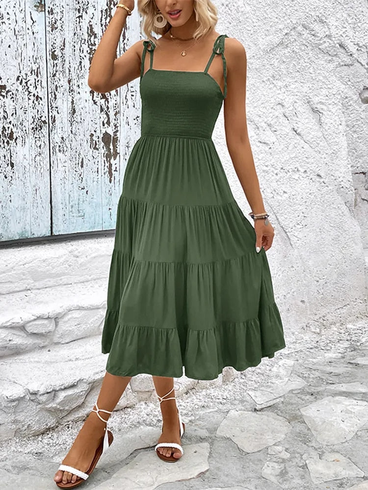 Midi Dresses- Casual Elegance: Shoulder-tie Tiered Cami Dress with Shirred Bodice- - Pekosa Women Clothing