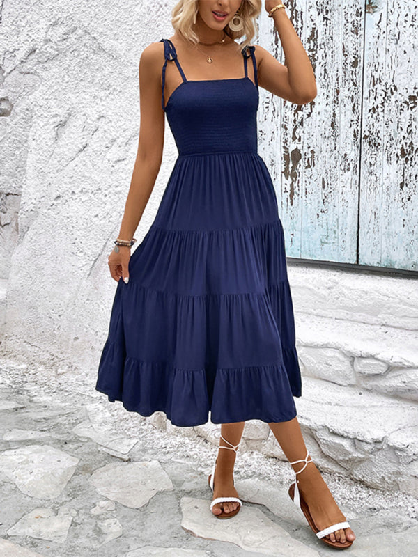 Midi Dresses- Casual Elegance: Shoulder-tie Tiered Cami Dress with Shirred Bodice- - Pekosa Women Clothing