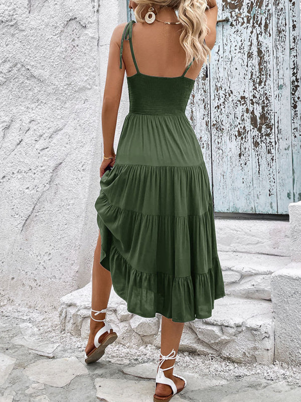 Midi Dresses- Casual Elegance: Shoulder-tie Tiered Cami Dress with Shirred Bodice- - Pekosa Women Clothing