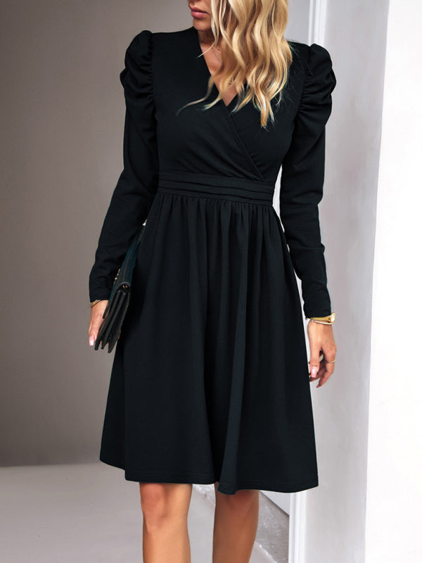 Midi Dresses- Elegant Solid A-line Surplice V-Neck Puff Long sleeve Midi Dress- - Pekosa Women Clothing