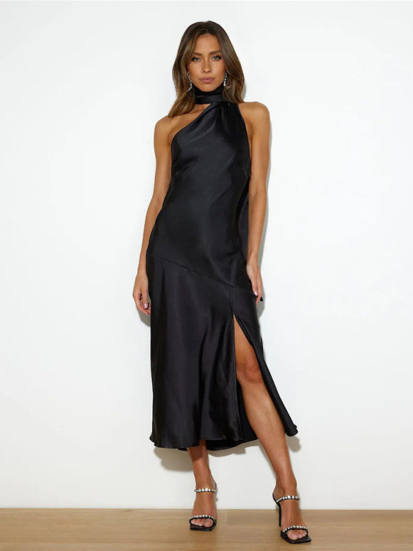 Midi Dresses- Elegant Women's Satin Backless Side Slit Midi Dress with Hanging Neck- - Pekosa Women Clothing