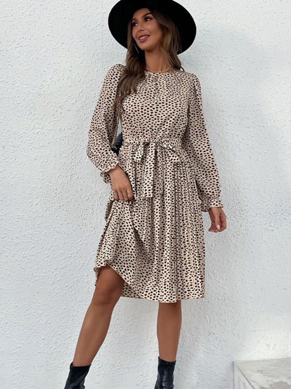Midi Dresses- Fall Animal Print Round Neck Belted Tie Dress- - Pekosa Women Clothing