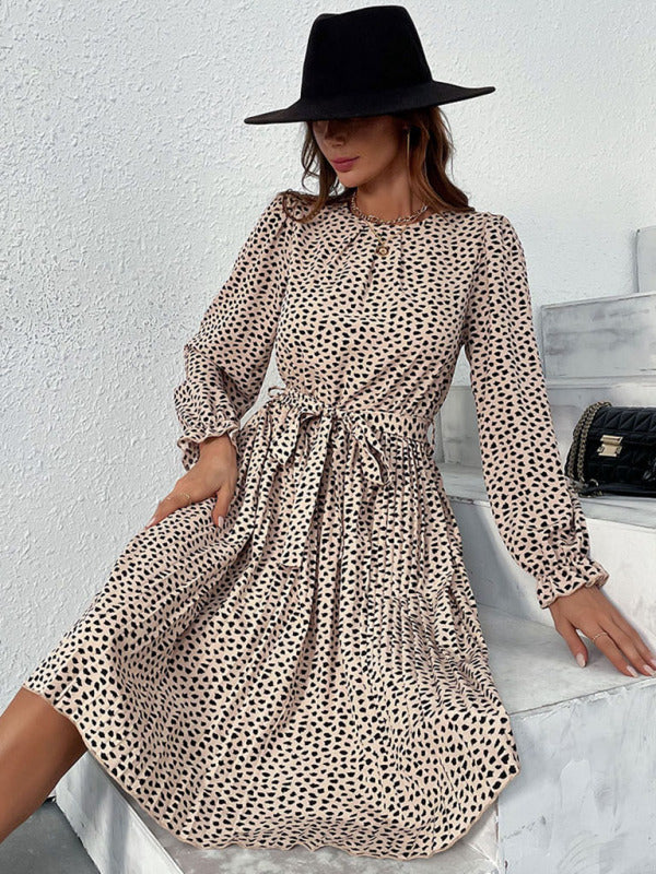 Midi Dresses- Fall Animal Print Round Neck Belted Tie Dress- - Pekosa Women Clothing