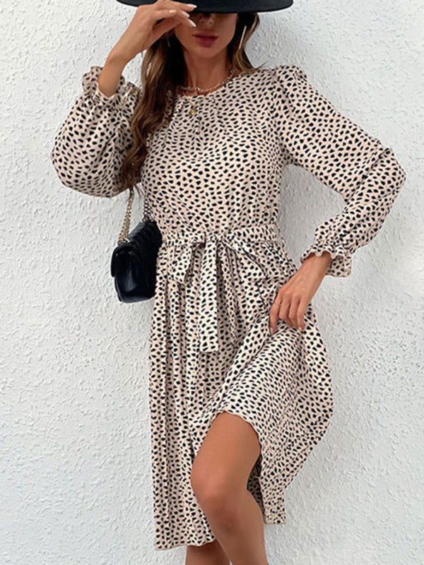Midi Dresses- Fall Animal Print Round Neck Belted Tie Dress- - Pekosa Women Clothing