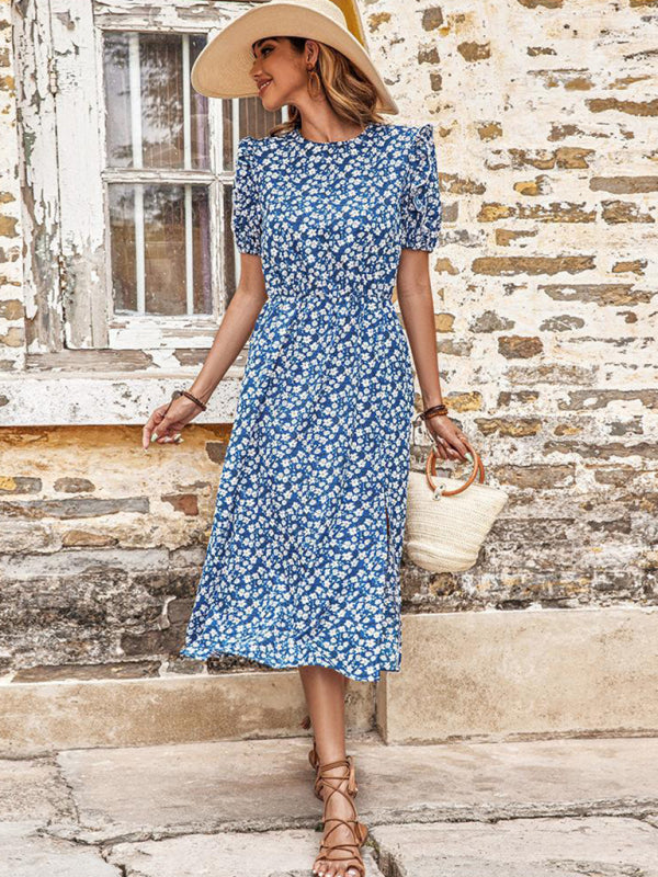 Midi Dresses- Floral Adjustable Waist Crew Neck Dress- - Pekosa Women Clothing