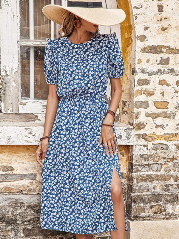 Midi Dresses- Floral Adjustable Waist Crew Neck Dress- - Pekosa Women Clothing