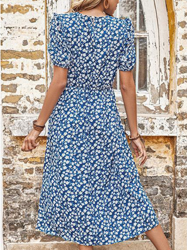 Midi Dresses- Floral Adjustable Waist Crew Neck Dress- - Pekosa Women Clothing