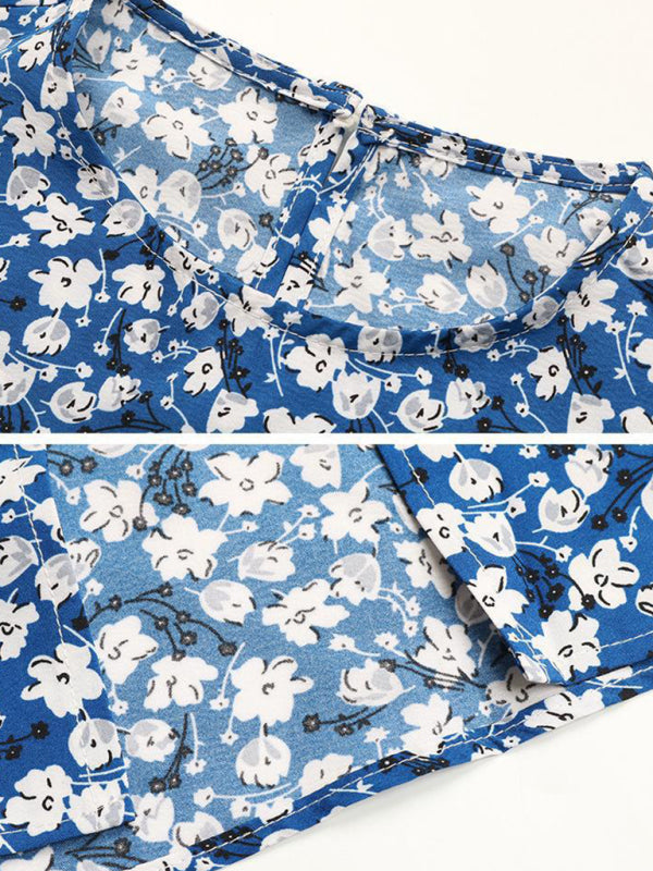 Midi Dresses- Floral Adjustable Waist Crew Neck Dress- - Pekosa Women Clothing