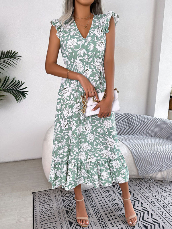 Midi Dresses- Floral V-Neck A-Line Midi Dress with Gathered Waist and Ruffle Frills- Green- Pekosa Women Clothing