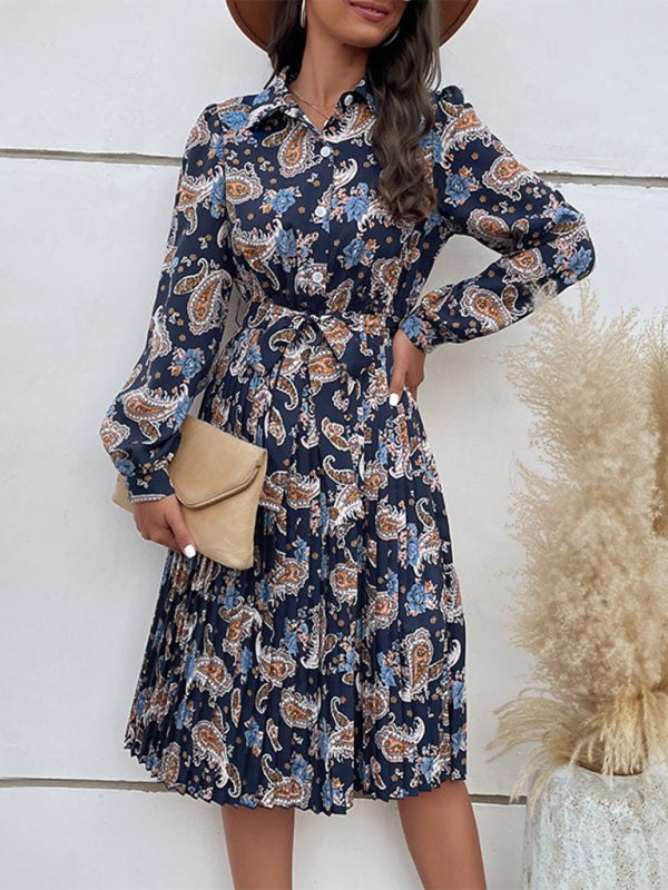 Midi Dresses- Graceful Charm: Women's Long Sleeves Belted Pleated Shirt Midi Dress- Purplish blue navy- Pekosa Women Clothing