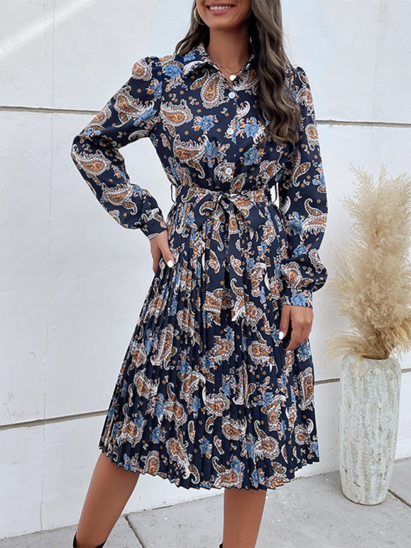 Midi Dresses- Graceful Charm: Women's Long Sleeves Belted Pleated Shirt Midi Dress- - Pekosa Women Clothing