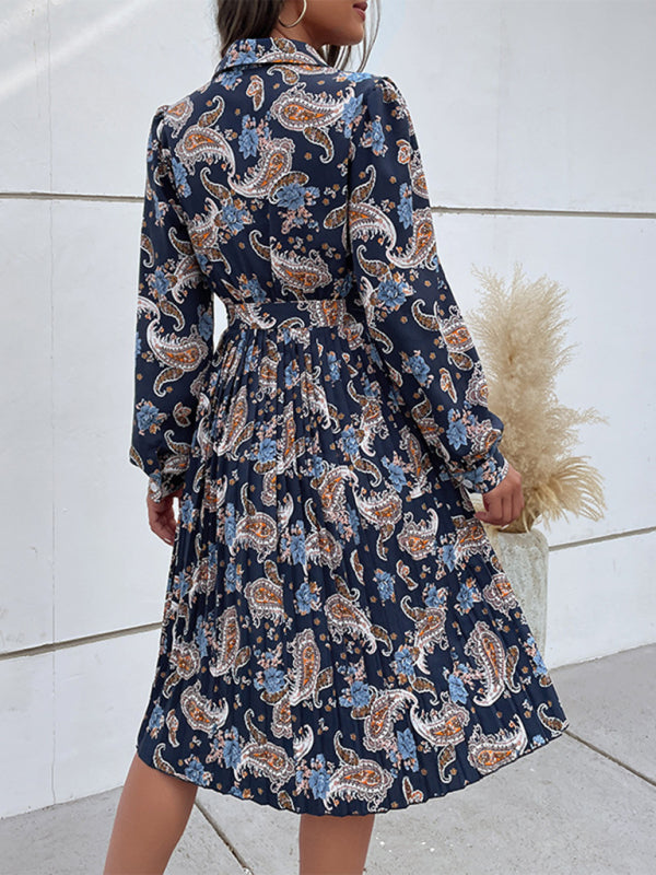 Midi Dresses- Graceful Charm: Women's Long Sleeves Belted Pleated Shirt Midi Dress- - Pekosa Women Clothing