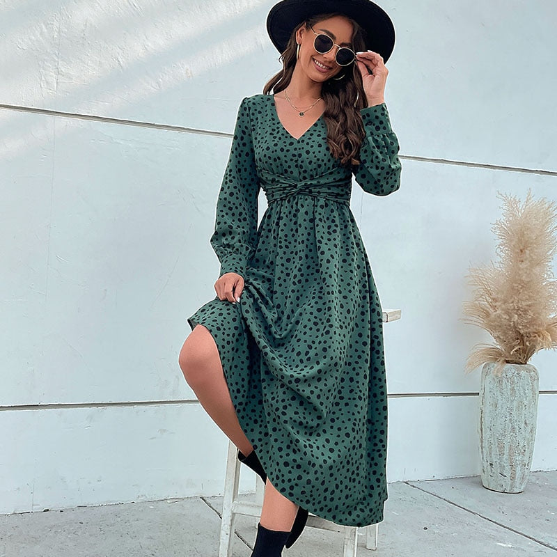 Midi Dresses- Hurry! Green Leopard Midi Dress with Trendy Knot-front & Long Sleeves- - Pekosa Women Clothing