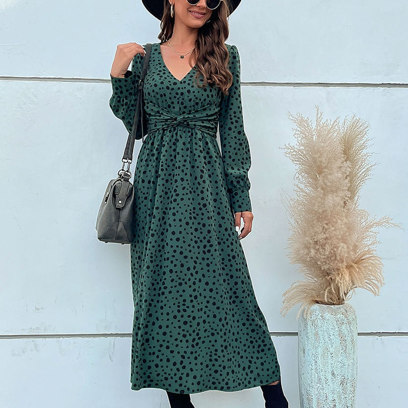 Midi Dresses- Hurry! Green Leopard Midi Dress with Trendy Knot-front & Long Sleeves- - Pekosa Women Clothing