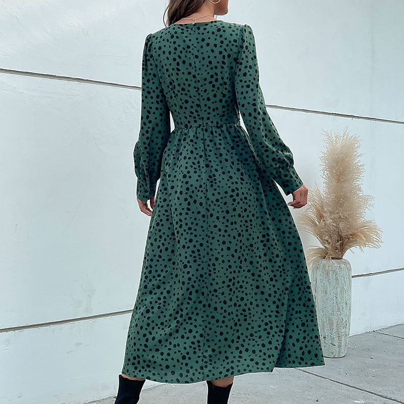 Midi Dresses- Hurry! Green Leopard Midi Dress with Trendy Knot-front & Long Sleeves- - Pekosa Women Clothing