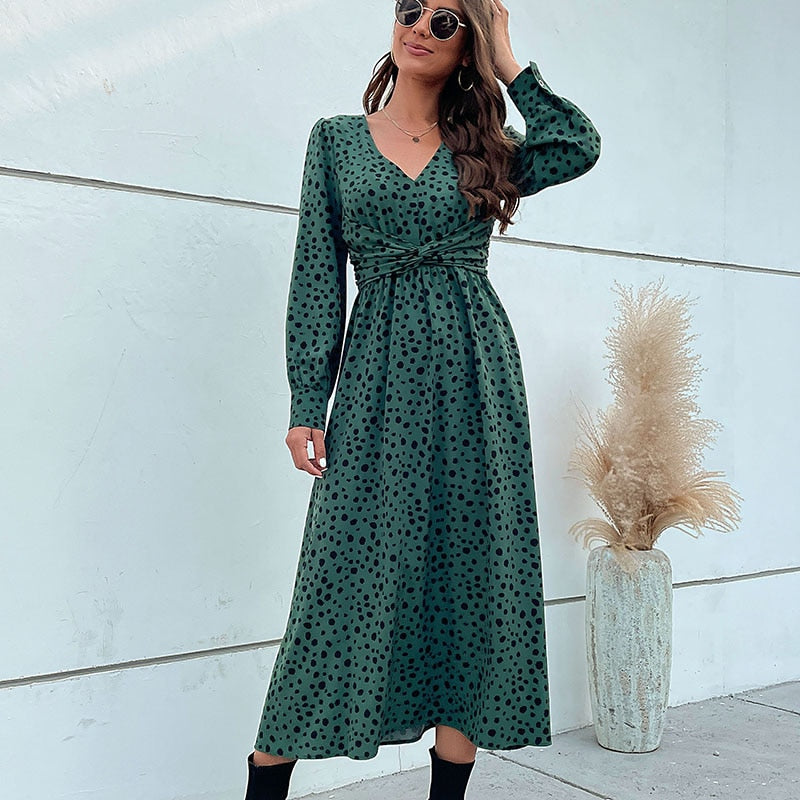 Midi Dresses- Hurry! Green Leopard Midi Dress with Trendy Knot-front & Long Sleeves- - Pekosa Women Clothing