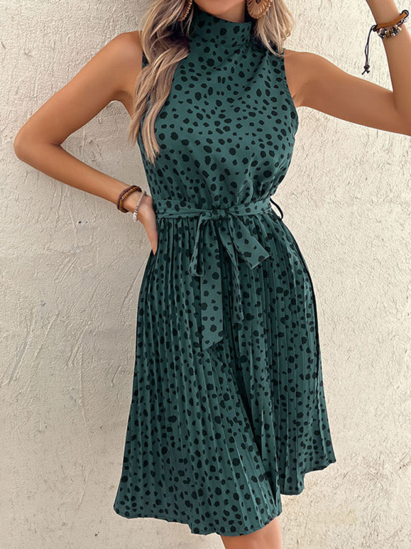 Midi Dresses- Leopard Print High Neck Belt Tie Pleated Midi Dress- - Pekosa Women Clothing