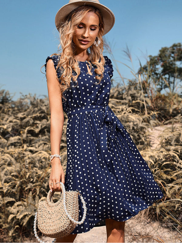 Midi Dresses- Polka Dot Pleated Belt Tie Midi Dress- - Pekosa Women Clothing