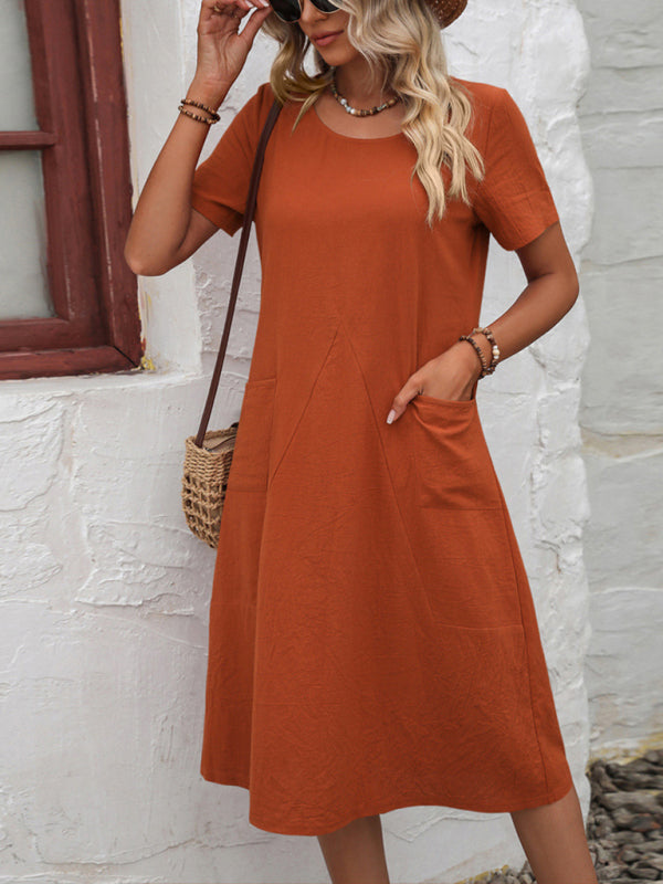 Midi Dresses- Round Neck Cotton Linen Midi Dress with Pockets- Orange Rust- Pekosa Women Clothing