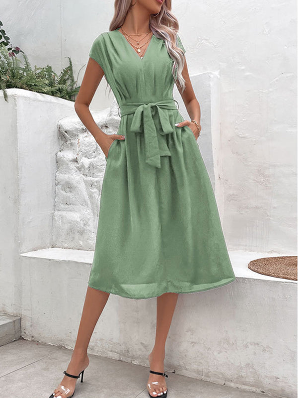 Midi Dresses- Solid A-Line Dressy Pleated Belted Tea Dress with Handy Pockets- - Chuzko Women Clothing
