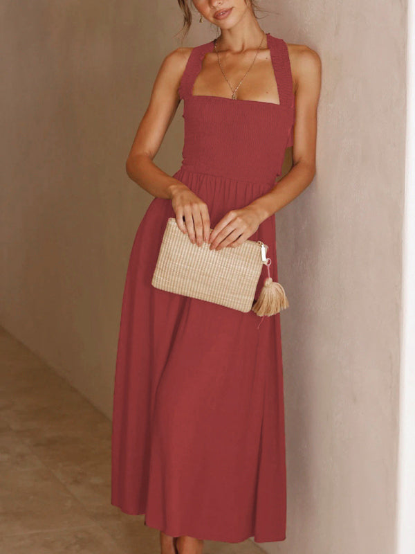 Midi Dresses- Solid A-Line Midi Dress with Backless Smocked Bodice and Bowknot- - Pekosa Women Fashion