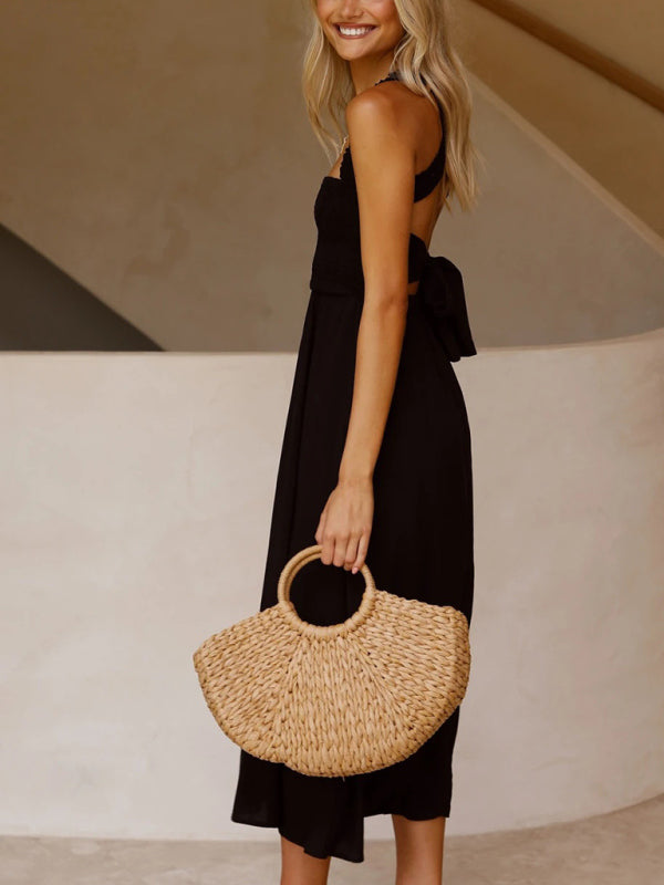 Midi Dresses- Solid A-Line Midi Dress with Backless Smocked Bodice and Bowknot- - Pekosa Women Fashion