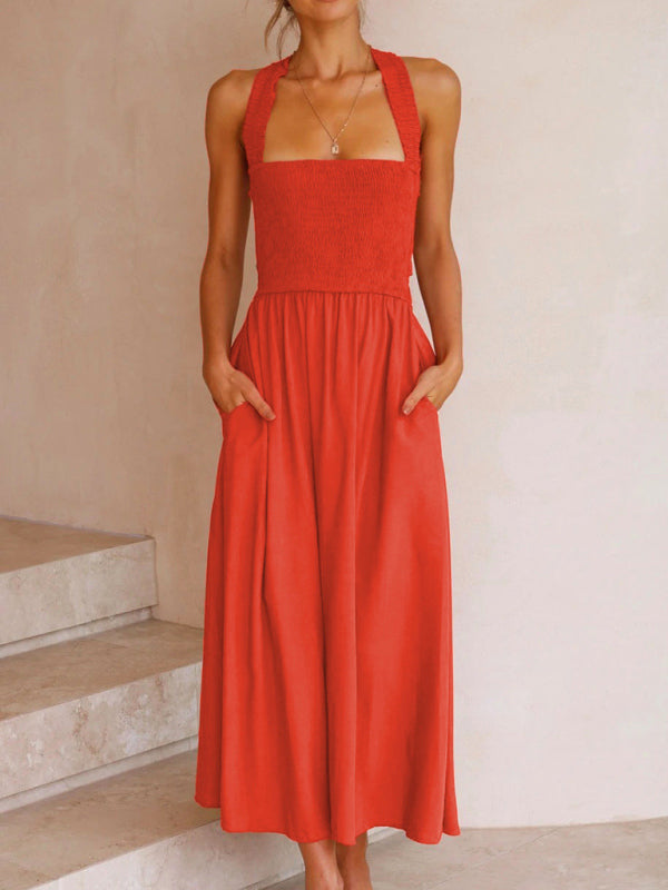 Midi Dresses- Solid A-Line Midi Dress with Backless Smocked Bodice and Bowknot- - Pekosa Women Fashion