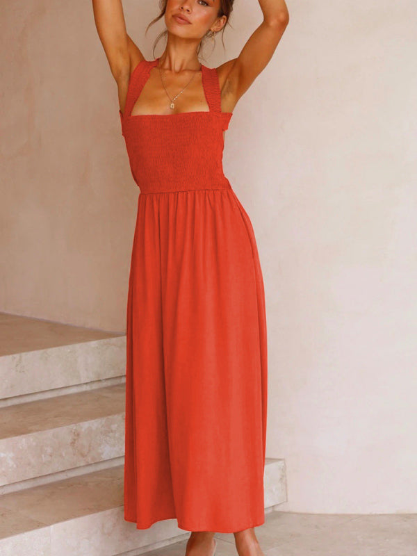 Midi Dresses- Solid A-Line Midi Dress with Backless Smocked Bodice and Bowknot- - Pekosa Women Fashion