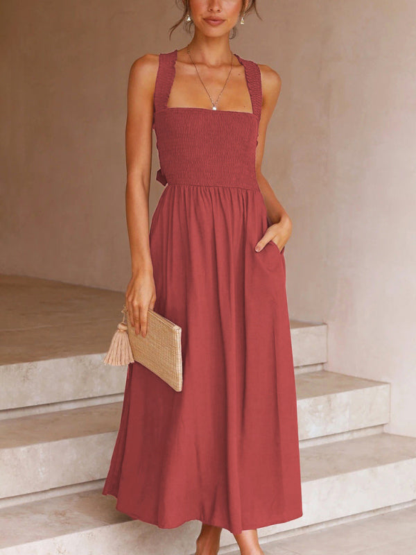 Midi Dresses- Solid A-Line Midi Dress with Backless Smocked Bodice and Bowknot- Dark Brown- Pekosa Women Fashion