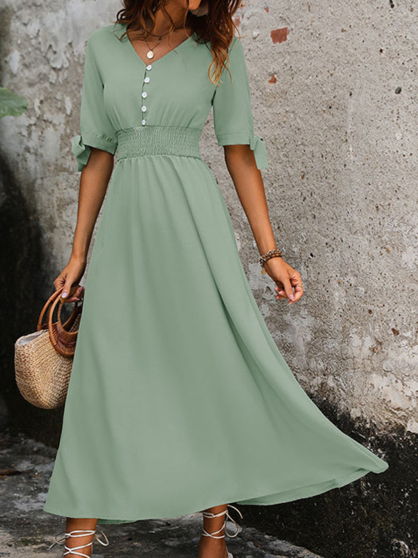Midi Dresses- Solid A-Line V-Neck Midi Dress with Smocked Waist- - Pekosa Women Fashion