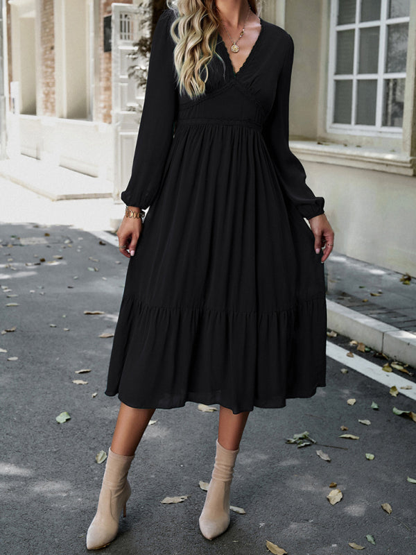 Midi Dresses- Solid Elegant Long Sleeve Tiered Lace V-Neck Midi Dress- Black- Pekosa Women Clothing