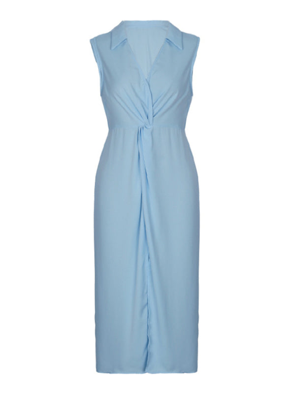 Midi Dresses- Solid Knot Midi Dress with Gathered Waist- - Pekosa Women Fashion