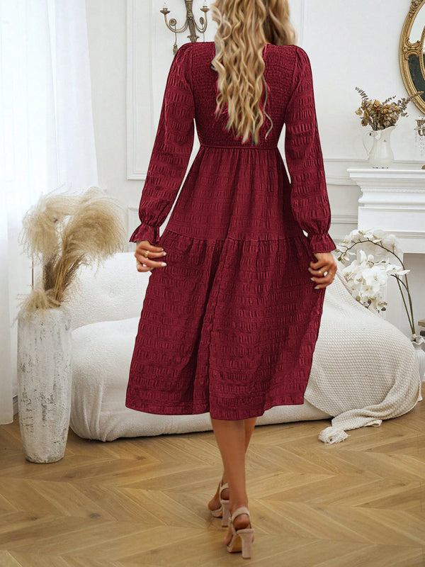 Midi Dresses- Solid Midi Dress with Bishop Sleeves & Smocked Waist- - Pekosa Women Clothing
