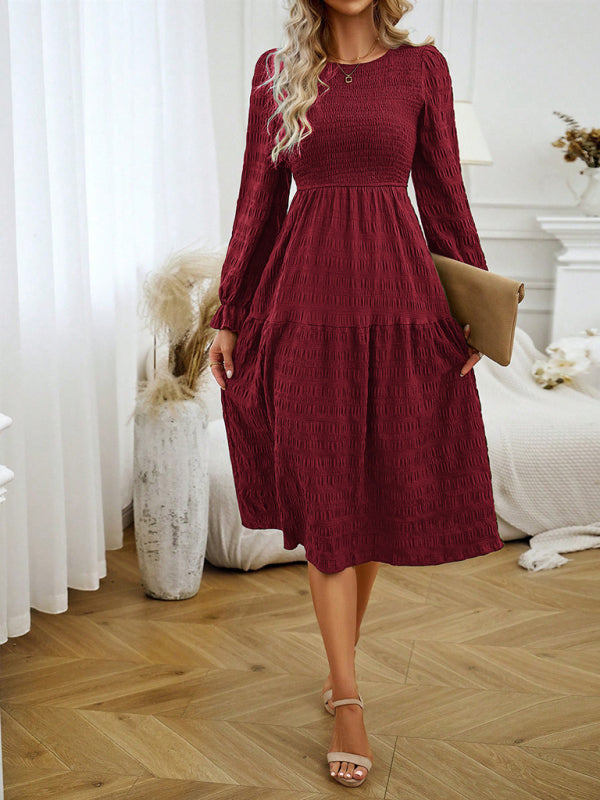 Midi Dresses- Solid Midi Dress with Bishop Sleeves & Smocked Waist- - Pekosa Women Clothing