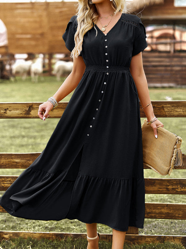 Midi Dresses- Solid Smocked Waist Midi Dress with Short Sleeves & Pockets- - Pekosa Women Clothing