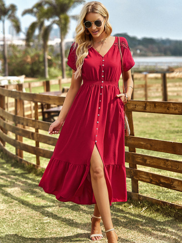 Midi Dresses- Solid Smocked Waist Midi Dress with Short Sleeves & Pockets- - Pekosa Women Clothing