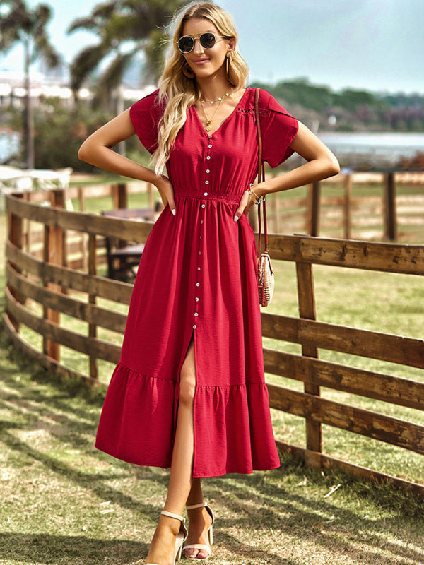 Midi Dresses- Solid Smocked Waist Midi Dress with Short Sleeves & Pockets- - Pekosa Women Clothing