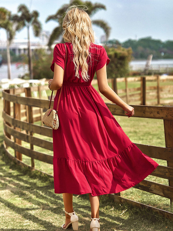 Midi Dresses- Solid Smocked Waist Midi Dress with Short Sleeves & Pockets- Wine Red- Pekosa Women Clothing