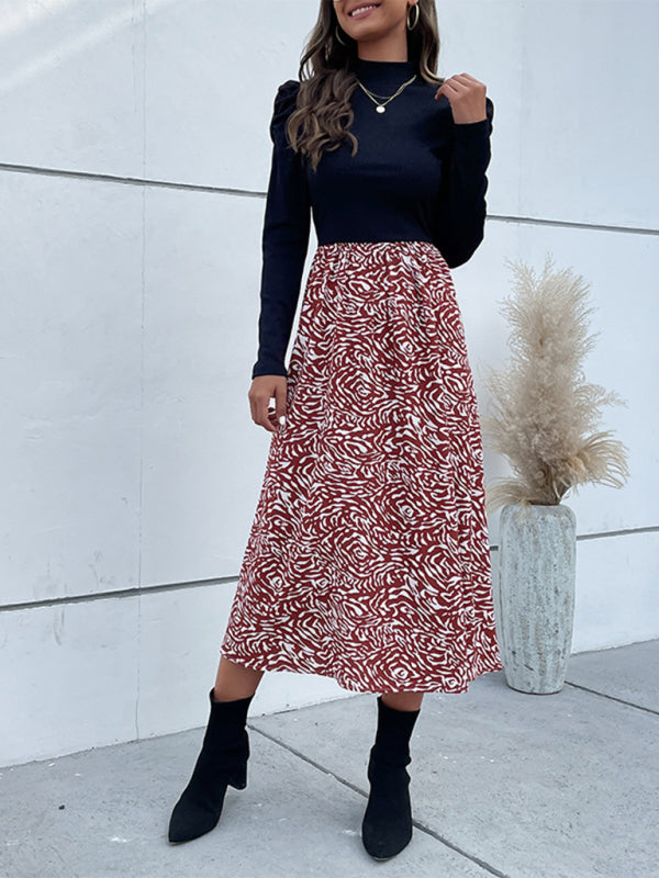 Midi Dresses- Two Tone Abstract Print Long Sleeve Dress- - Pekosa Women Clothing