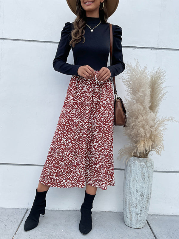 Midi Dresses- Two Tone Abstract Print Long Sleeve Dress- - Pekosa Women Clothing