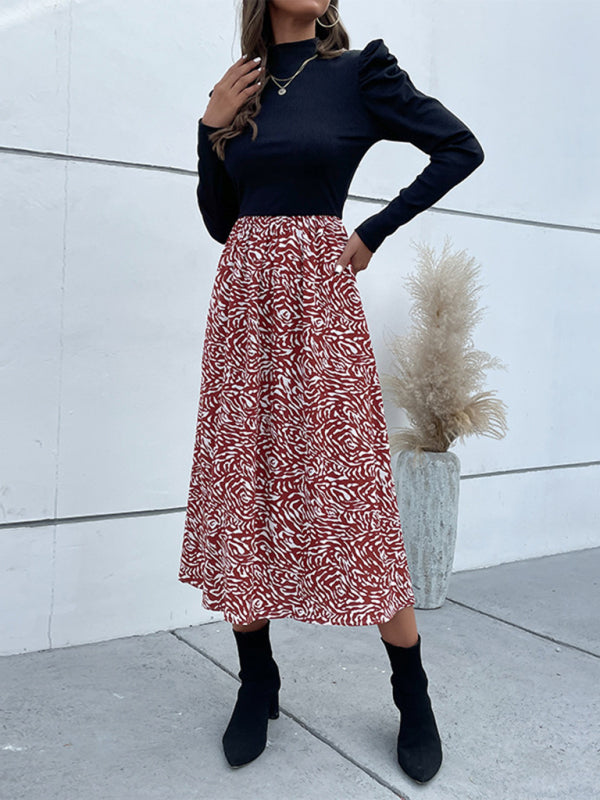 Midi Dresses- Two Tone Abstract Print Long Sleeve Dress- - Pekosa Women Clothing