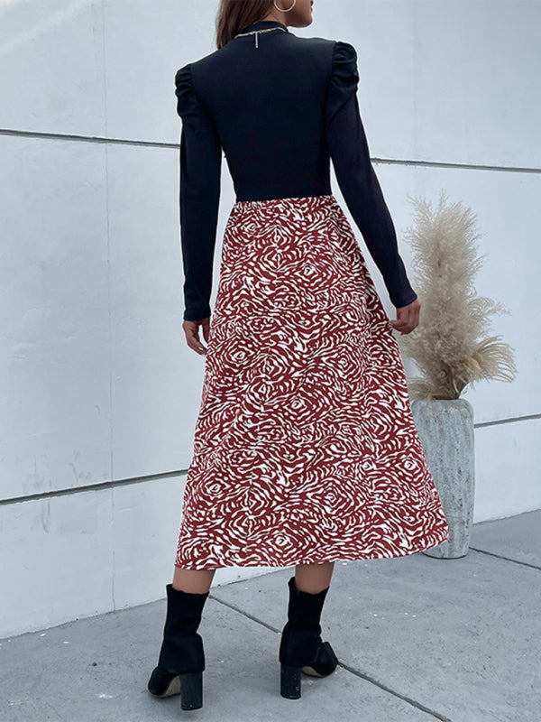 Midi Dresses- Two Tone Abstract Print Long Sleeve Dress- - Pekosa Women Clothing