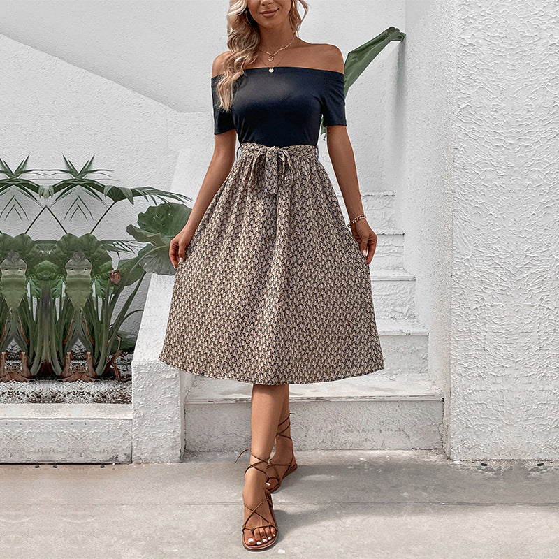 Midi Dresses- Versatile Women's Off-Shoulder Tie Belt Midi Dress - Your Go-To Choice- Khaki- Pekosa Women Clothing